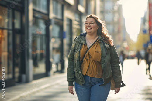 Confident overweight woman walking the city street