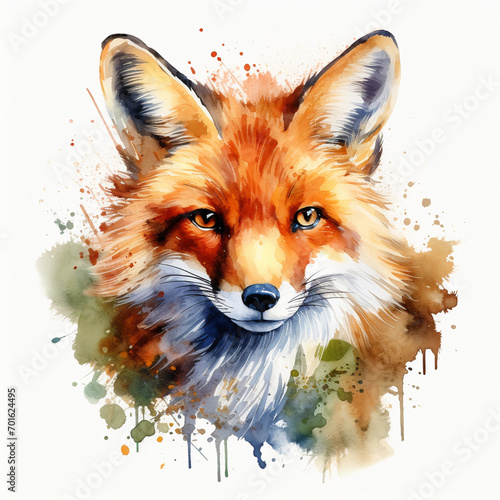 Colorful fox portrait isolated on white background watercolor illustration 
