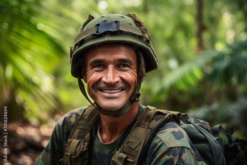 Portrait of a smiling soldier wearing a military uniform in the jungle
