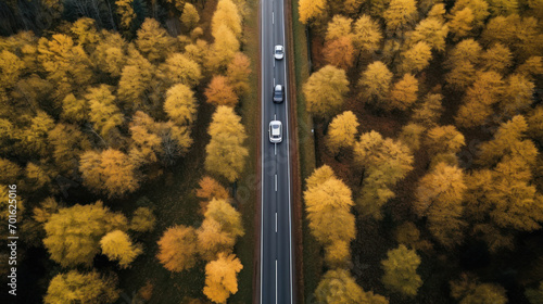 Aerial view of road in beautiful autumn forest at sunset. Beautiful landscape with empty rural road, trees with red and orange leaves. Highway through the park. Top view from flying drone. Nature.