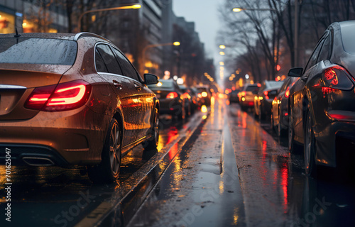 A city street filled with lots of traffic at night. Rain and many cars in traffic. © Degimages