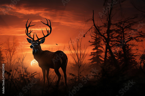 A deer standing in the middle of a forest at sunset. Deer silhouette. © Degimages