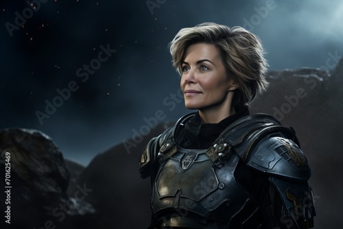 Portrait of a female knight in armor against the background of the night sky