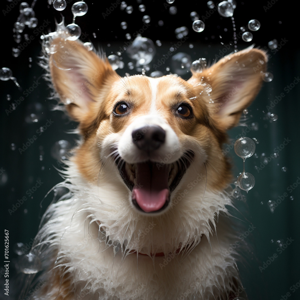 Funny portrait of a golden retriever dog taking a shower with shampoo. A dog takes a bubble bath in a grooming salon Funny portrait of a golden retriever dog taking a shower with shampoo. A dog takes a bubble bath in a grooming salon
