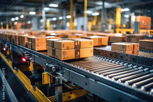 Boxes on a conveyor belt in a factory or courier cargo parcel warehouse.