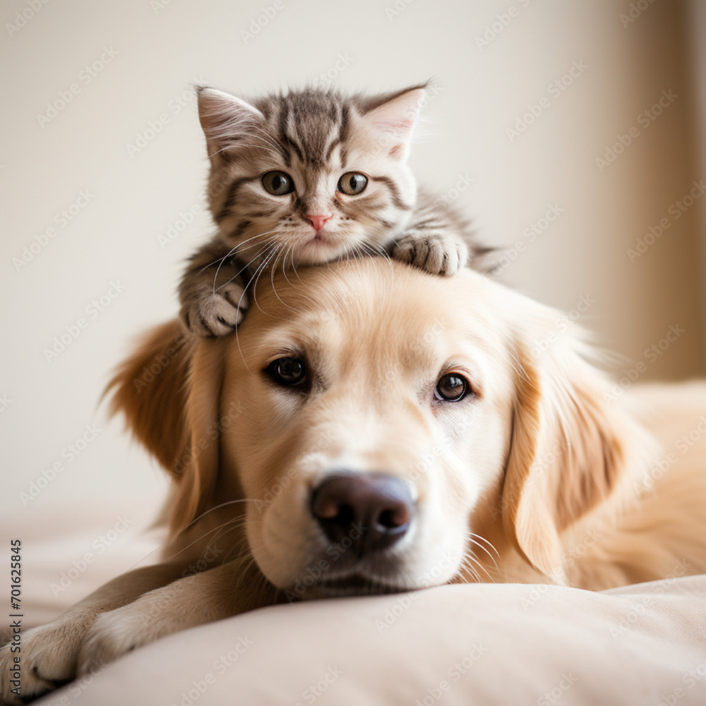 happy portrait of a golden retriever labrador dog with a kitten on his head
