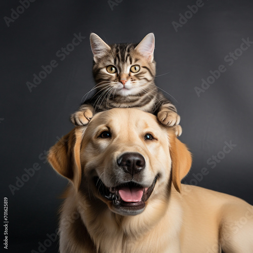 happy portrait of a golden retriever labrador dog with a kitten on his head © Виктория Дубровская