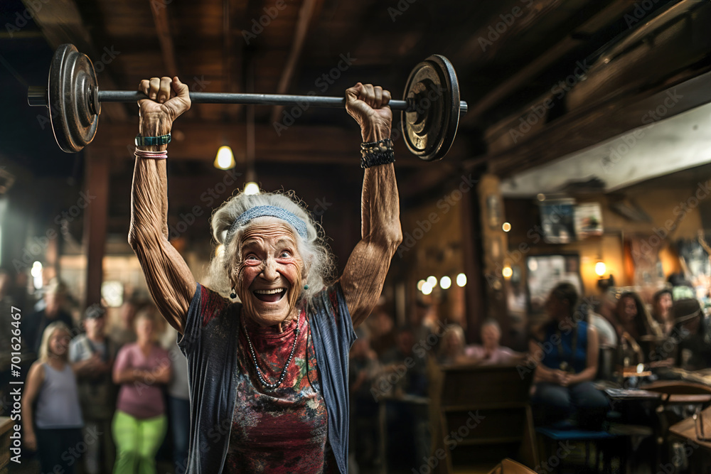 An older woman lifting a barbell over her head. Group of people applaud her. An older woman lifting a barbell over her head. Group of people applaud her.