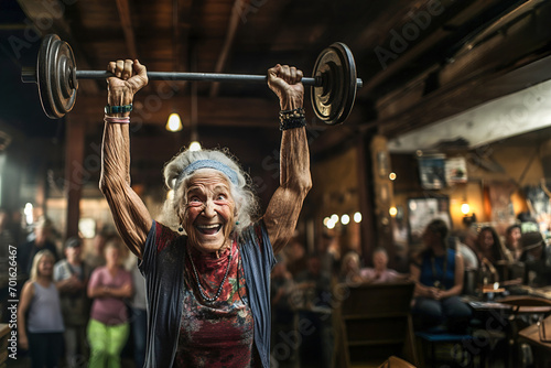 An older woman lifting a barbell over her head. Group of people applaud her.