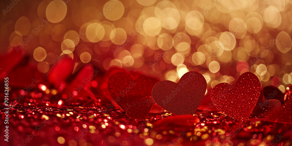 Schöne Herzen im goldenen Lichter Bokeh zum Muttertag und Valentinstag als Grußkarten im Querformat für Banner, ai generativ