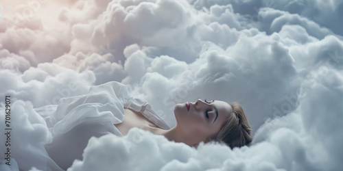 Hübsche Frau Gesicht liegt schlafend in Wolken wie im siebten Himmel, ai generativ photo