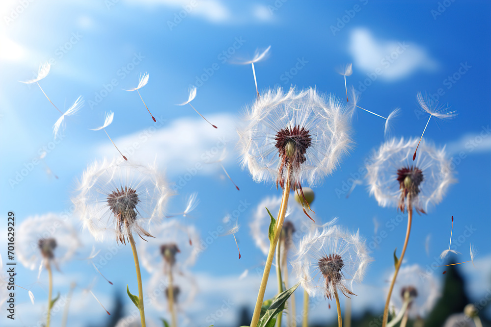 Meadow, blue sky and group of dandelions blowing in the wind