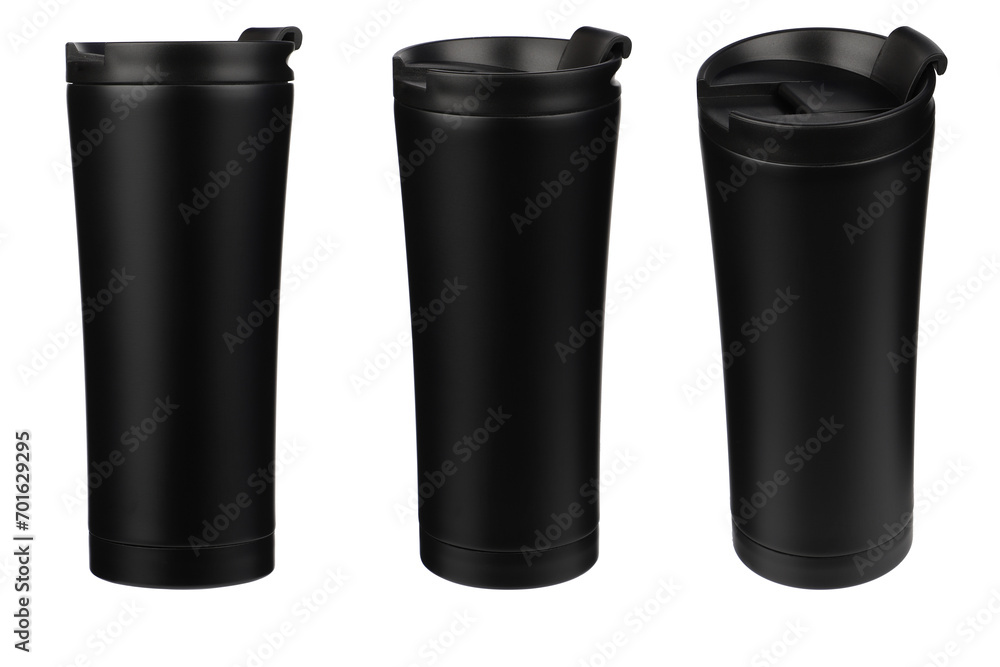 Model as thermos cup, clean material. Black clean thermos cup with black lid, blank for text. Copy space. Isolated transparent background, png background. Different shooting angle, triple set photo. Model as thermos cup, clean material. Black clean thermos cup with black lid, blank for text. Copy space. Isolated transparent background, png background. Different shooting angle, triple set photo.