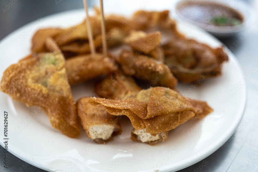 Deep fried wontons or dumpling on white dish