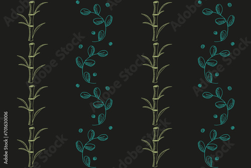 Summer Floral seamless pattern with doodle flowers on black background. Design spring banner with Bamboo and Green Leaves. Vector illustration can used wallpaper, textile print