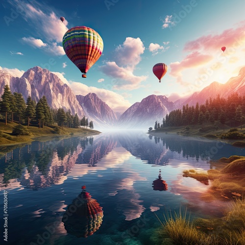 Serene Lakeside Scene with Multi-Colored Balloons Floating Over the Water