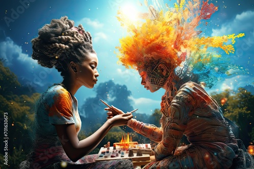 Artistic Expression - Two Women Creating a Colorful Painting. A fictional character created by Generative AI.  photo