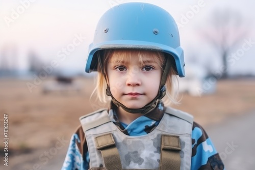 portrait of a little girl in a military helmet on a background of nature © Nerea