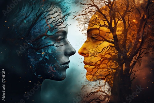 Two women, two trees, one face each. A fictional character created by Generative AI.  photo