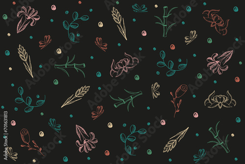 Colorful Summer Floral seamless pattern with doodle flowers on black background. Design spring banner with Bamboo, Lotus, Rose and Green Leaves. Vector illustration can used wallpaper, textile print