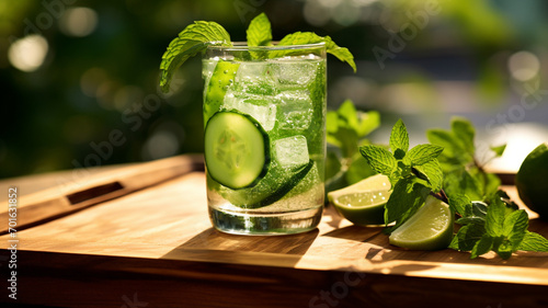 basil, lime, and cucumber in a cold beverage. lemonade with basil and a mojito.