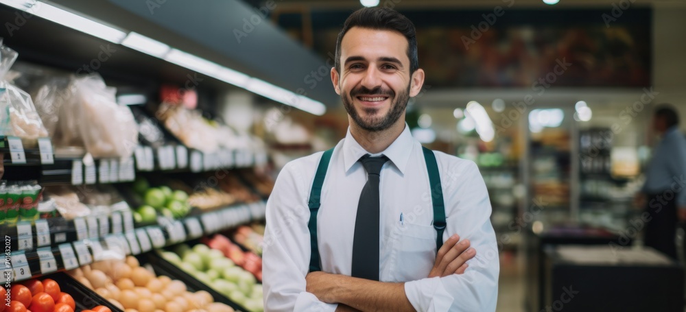 Friendly grocer standing proud in fresh produce aisle. Small business and entrepreneurship. Friendly grocer standing proud in fresh produce aisle. Small business and entrepreneurship.