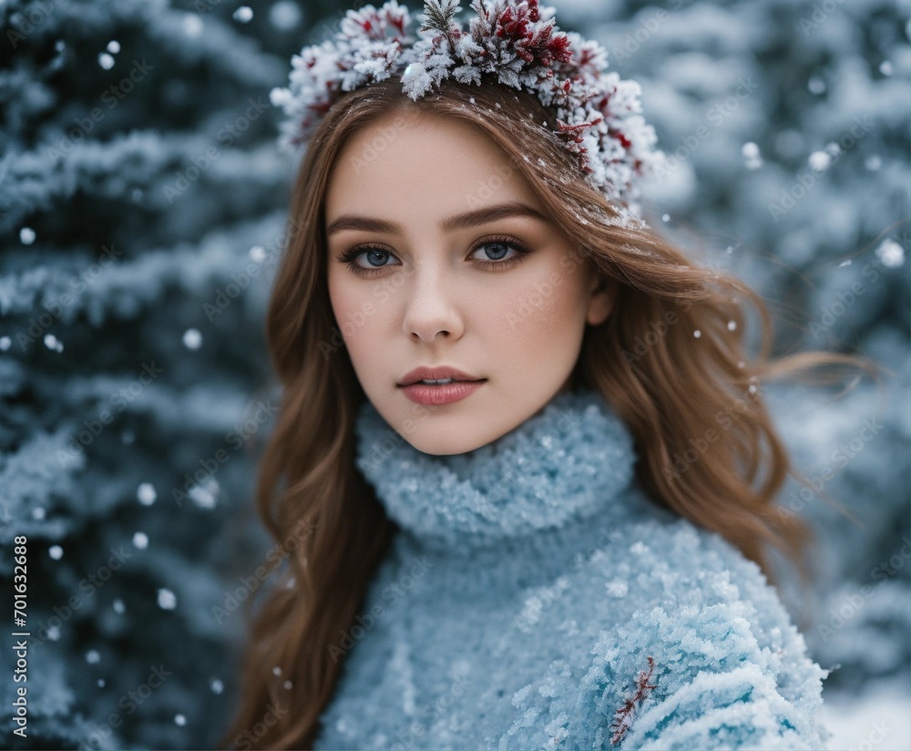 Woman portrait in winter with snow