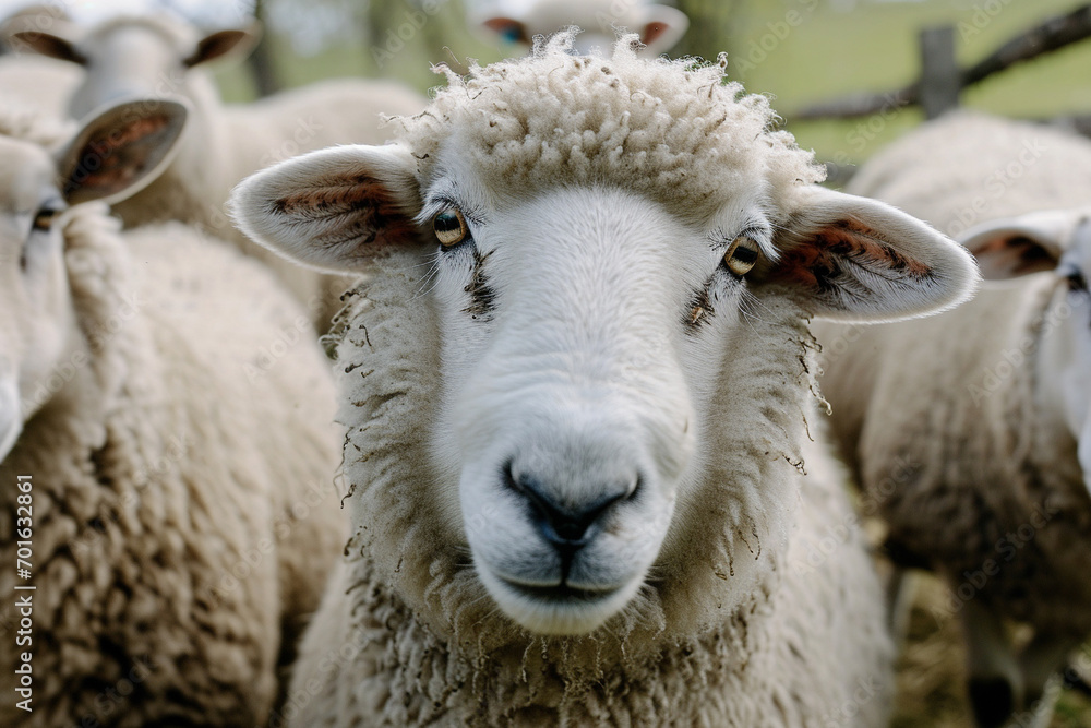 Happy sheep roaming free on farm meadow. Farm animal welfare and care. Generative Ai