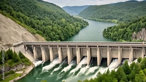 Hydroelectric dams on rivers, water discharge from reservoirs photo