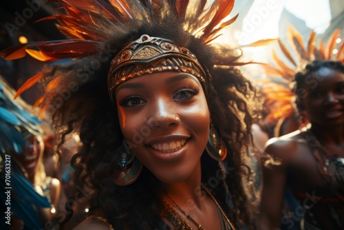 A group of young women in carnival costumes dance on the Brazilian carnival wide angle view photography © Partco
