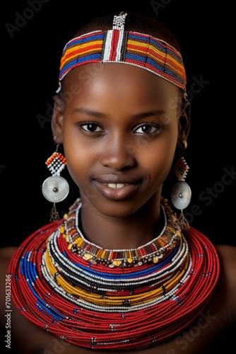 a high definition photograph of a beautifull young women massai worrior shy expression in beads and photo