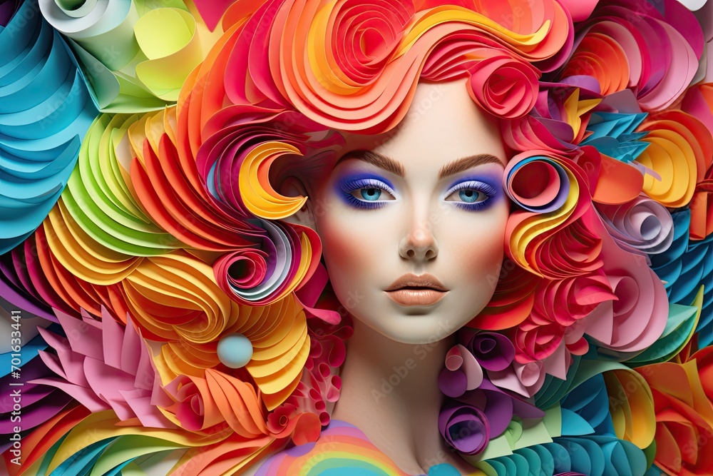 The mesmerizing beauty of a woman with colorful hair and makeup. A fictional character created by Generative AI. 