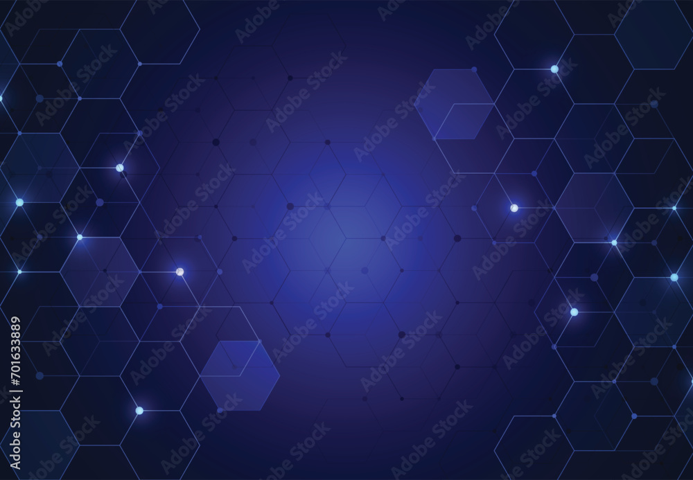 Abstract hexagonal molecular structures in technology background and science style. Medical design. Vector illustration - obrazy, fototapety, plakaty 