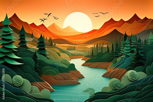 Serene landscape with a river flowing through the mountains at sunset