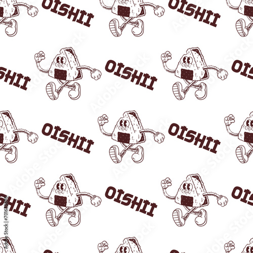 retro cartoon character onigiri illustration seamless pattern