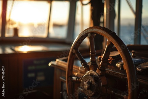 Steering wheel on ship . 