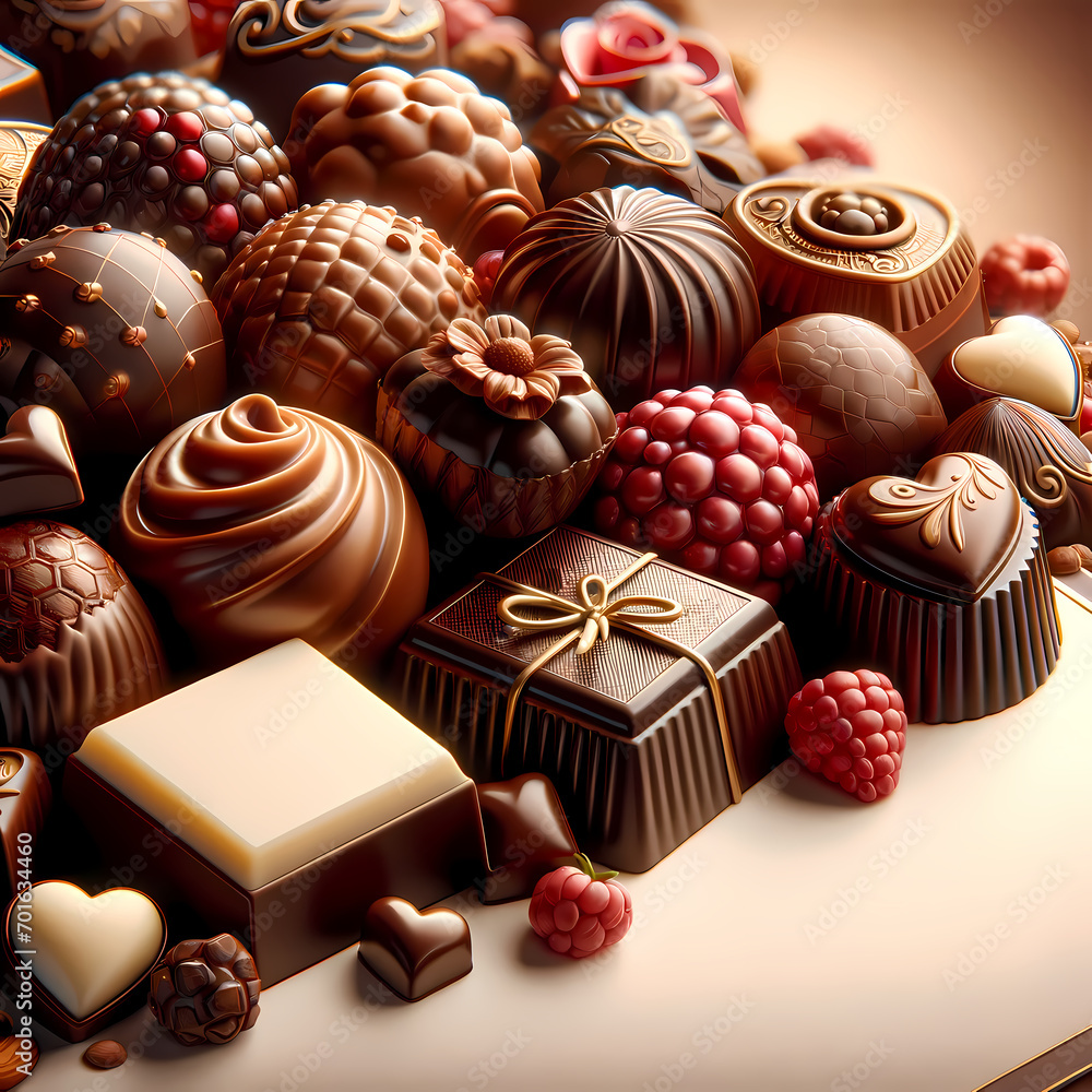 An exquisite close-up of an array of gourmet chocolates, showcasing the art of confectionery with elegant designs and rich textures, perfect for Valentine's Day themes and sweet celebrations. An exquisite close-up of an array of gourmet chocolates, showcasing the art of confectionery with elegant designs and rich textures, perfect for Valentine's Day themes and sweet celebrations.
