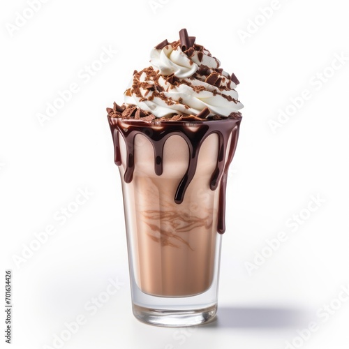 Delicious creamy chocolate cocktail in a glass on a white background, soft ice cream, dairy product. dessert.