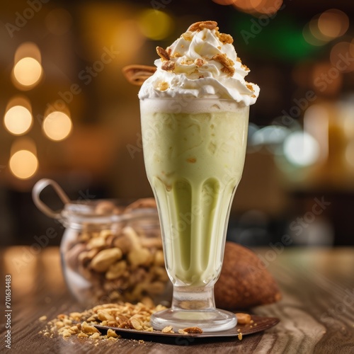 pistachio-cream shake in a glass glass, soft ice cream. cocktail, nut dessert, dairy product.