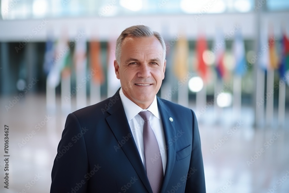 Portrait of a smiling senior businessman standing in an office lobby. Portrait of a smiling senior businessman standing in an office lobby.