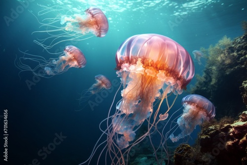 a luminous jellyfish in its natural habitat. sea or ocean, underwater life, marine background.