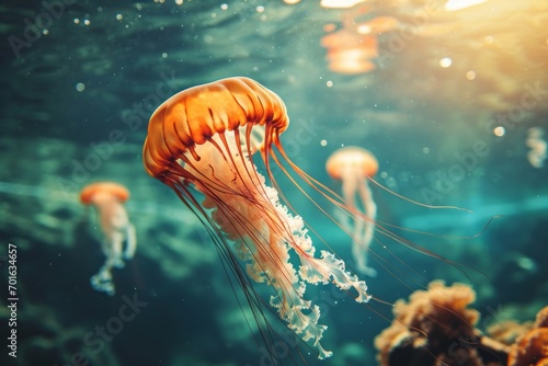 a bright jellyfish in its natural habitat. sea or ocean, underwater life. marine background. a glowing medusa.