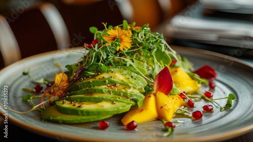 Contemporary Fusion Avocado Salad with Exotic Fruits and Edible Flowers