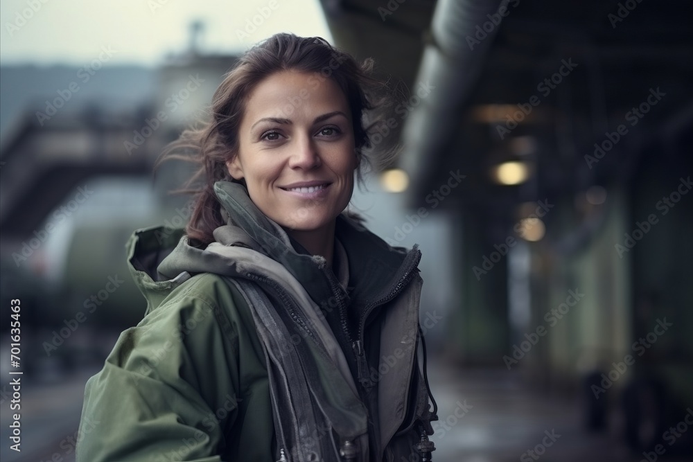 Portrait of a beautiful young woman in a train station in winter Portrait of a beautiful young woman in a train station in winter