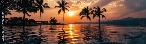 Sunset with silhuettes palm and reflection in swimming pool. Banner © kramynina