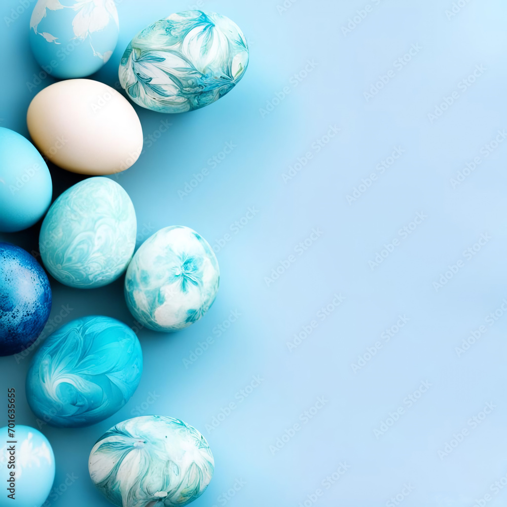 Several Easter eggs are laid on a blue background for the holiday. Several Easter eggs are laid on a blue background for the holiday.