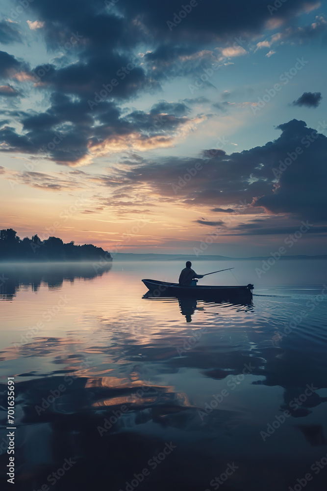 Fototapeta premium Fisherman in a boat at dawn, serene and content.