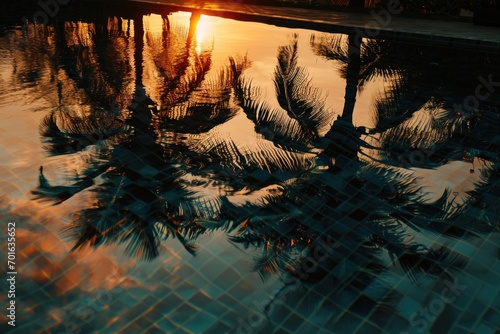 Sunset with silhuettes palm and reflection in swimming pool photo