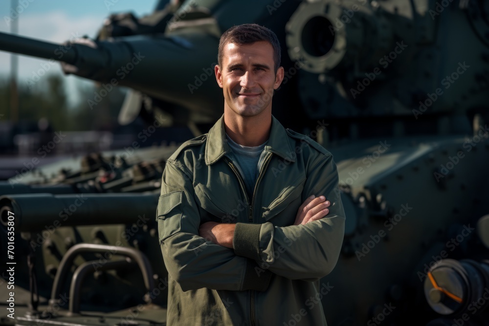 Portrait of confident soldier standing with arms crossed on background of military equipment Portrait of confident soldier standing with arms crossed on background of military equipment