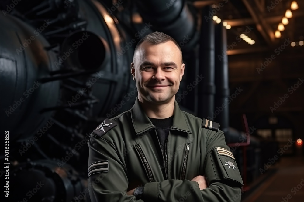 Portrait of a confident pilot standing with arms crossed in a warehouse